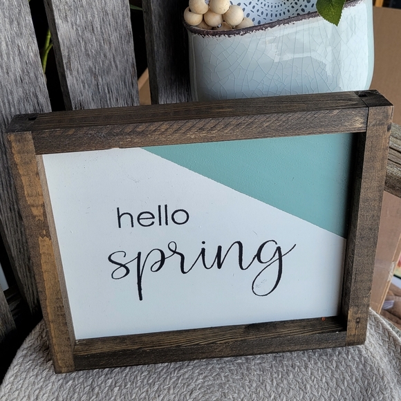HELLO SPRING framed farmhouse wooden colorblock sage + white wall art - Picture 4 of 9